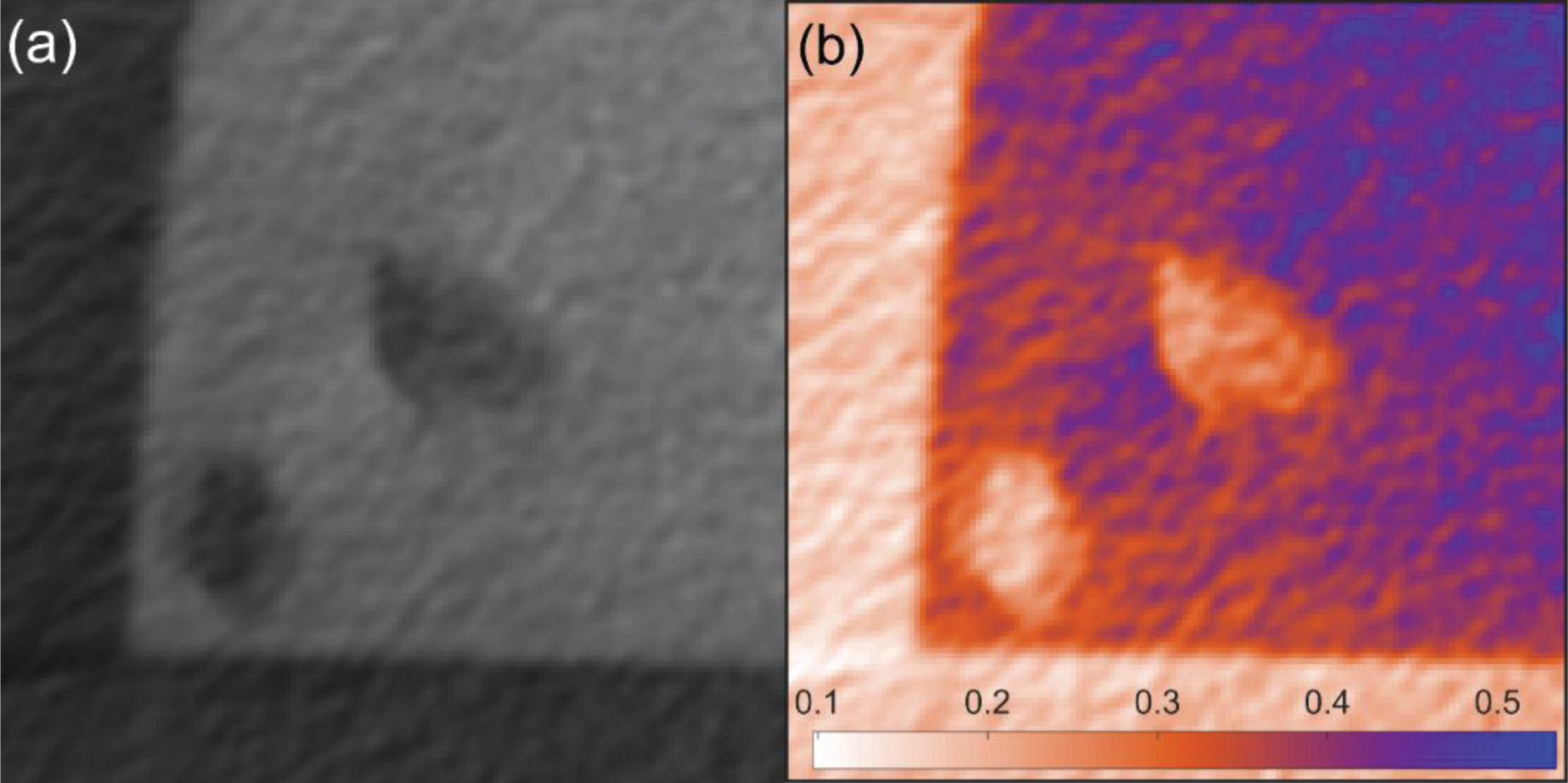 (a) A CT image from steel column showing corner and voids with poor contrast, and (b) its grey value distribution highlighted by a red/blue colour transform.